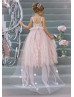 Beaded Pink Eyelash Lace Satin Flower Girl Dress With Cape